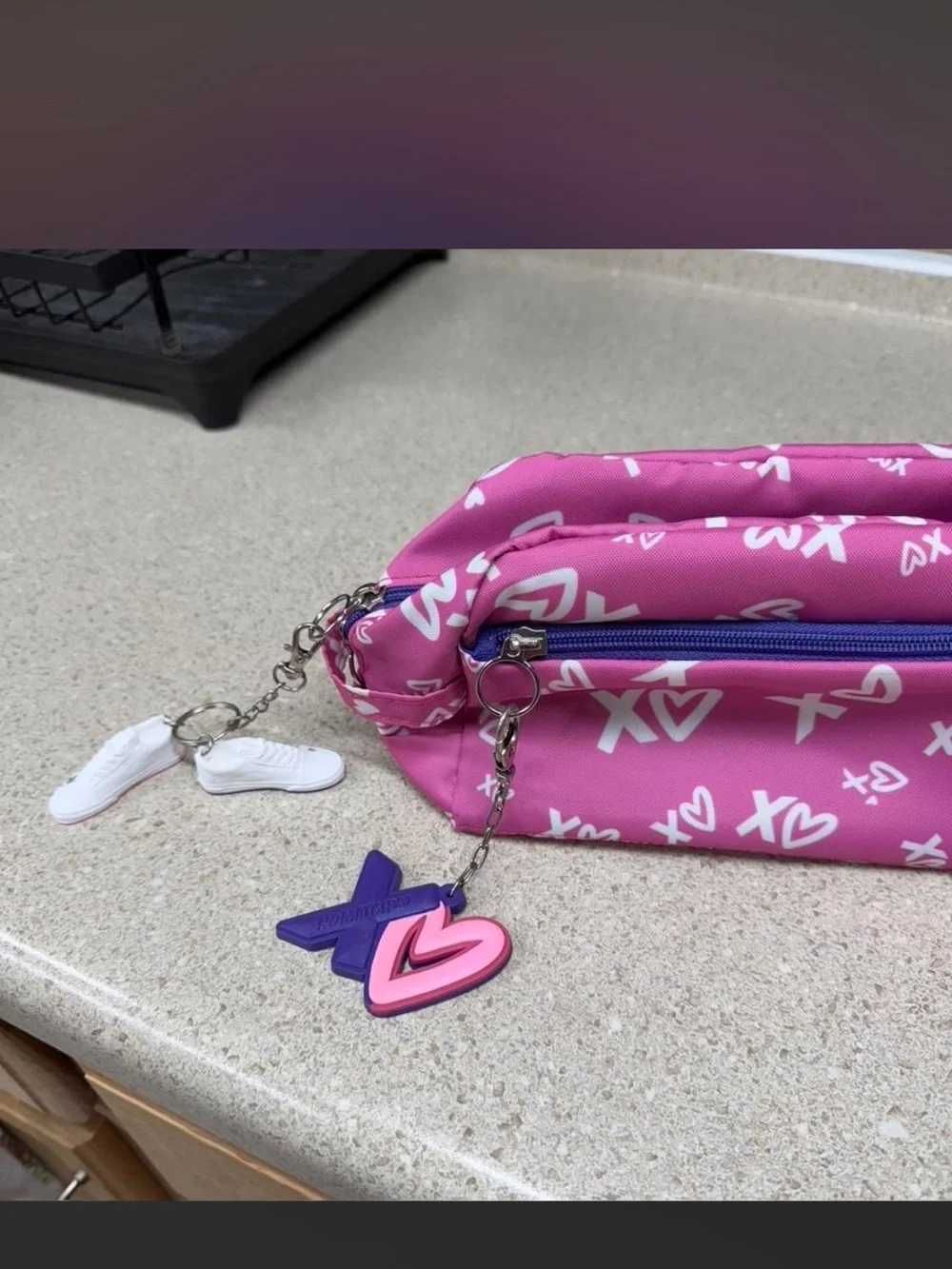 No match make up bags ,Xo Pattern White Cosmetic Pouch with Pink & Purple Charm